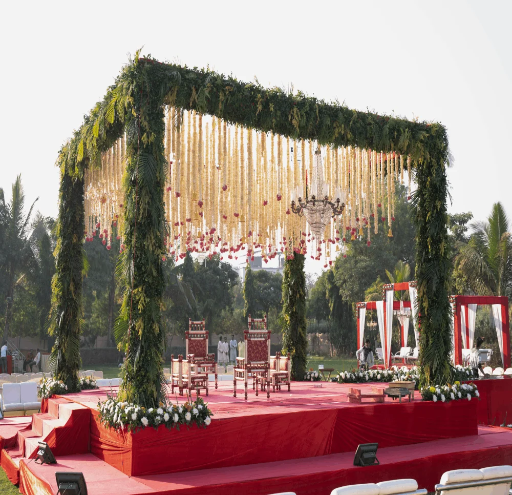 Decorated garden mandap featured on the Keshav website
